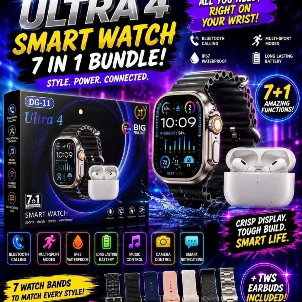 DG-11 Ultra 4 Smart Watch 7-in-1 Bundle with TWS Earbuds